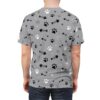 Grey crewneck t-shirt featuring a repeating pattern of black and white paw prints and fish skeletons scattered across the fabric.