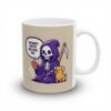 Skeleton Grim Reaper with a scythe and a dog drinking coffee from a mug, text bubble says 'Too much coffee will heal you.'
