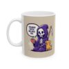 Funny grim reaper skeleton holding coffee mug with dog, text 'Too much coffee will heal you' on white mug.