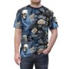 A man wearing a t-shirt with a dark floral pattern featuring grim reaper figures and light-colored flowers.