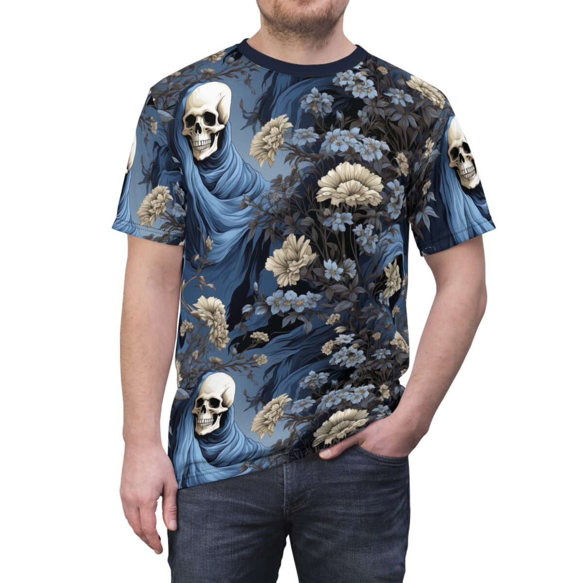 A man wearing a t-shirt with a dark floral pattern featuring grim reaper figures and light-colored flowers.