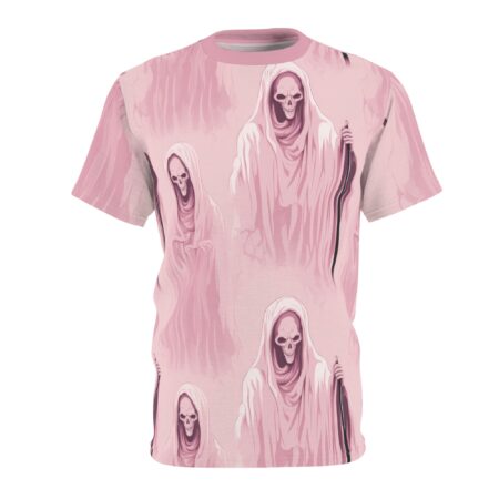 Soft pink and white tones cover this sublimation graphic tee, depicting multiple Grim Reaper figures with skulls and scythes.