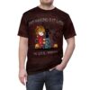 Dark brown with faint black tree branches and spooky textures cover this 3D graphic t-shirt, featuring a devil girl, RIP tombstone, black cat, and pumpkins.