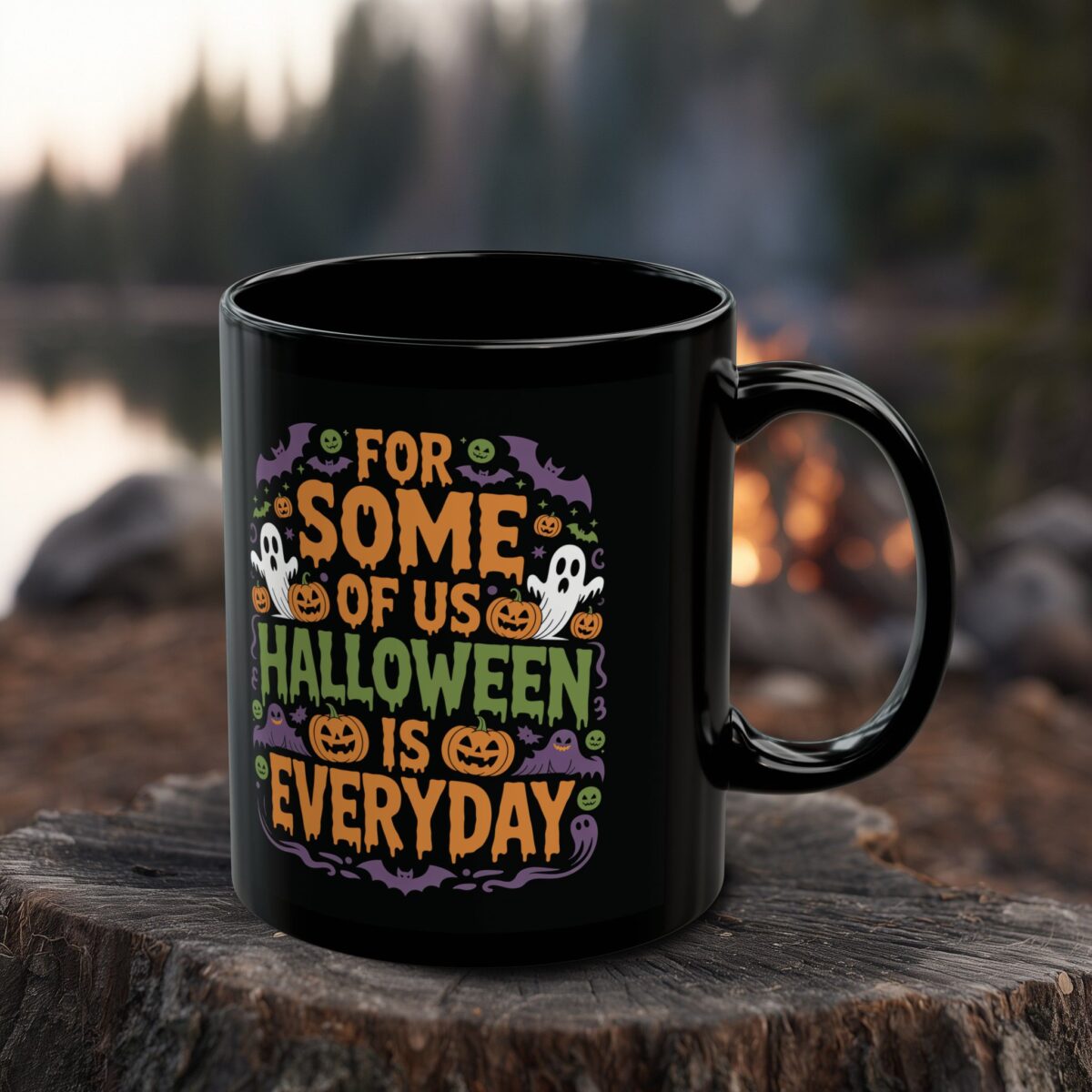 Black mug with Halloween Is Everyday text graphic featuring ghosts, pumpkins, and bats. Perfect for Halloween lovers.