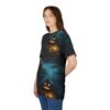 Spooky glowing pumpkins and dark, gnarled trees cover this graphic streetwear tee, depicting a haunted forest scene.