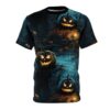 Spooky jack-o'-lanterns and gnarled trees in dark blues and oranges cover this sublimation graphic tee, a haunted forest scene.
