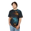 Deep blues, oranges, and blacks depict spooky jack-o'-lanterns and gnarled trees across this full print tee.