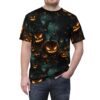 Glowing jack-o'-lantern faces and fallen leaves cover this graphic streetwear tee, depicting a spooky forest scene with gnarled trees and faint lanterns.