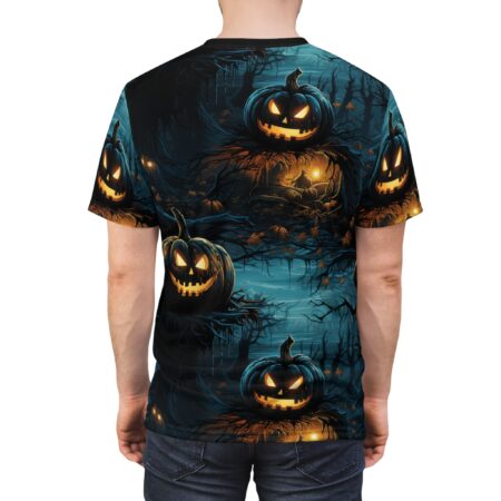 Glowing jack-o'-lanterns and spooky trees in a dark, misty forest cover this oversized full print tee, with eerie lights illuminating the scene.