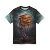 Dark blues and greens cover this patterned tee shirt, depicting a skeletal hand holding a dripping burger in a spooky forest.