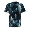 White ghosts with black eyes and swirling blue and dark grey backgrounds cover this all over print apparel, featuring gnarled tree branches and scattered orange leaves.