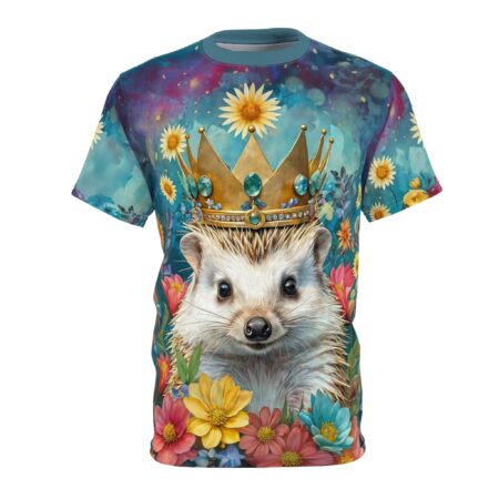 Teal and purple watercolor background with golden flowers and jewels cover this 3D graphic t-shirt, depicting a crowned hedgehog surrounded by colorful blooms.