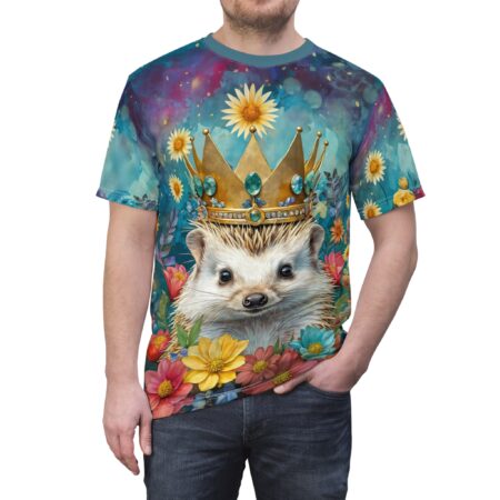 Teal and purple watercolor splashes with gold flecks, yellow daisies, and a jeweled crown adorn this regal hedgehog.