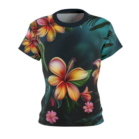 All over print sublimation tee featuring a vibrant hibiscus and plumeria floral wrap around graphic with tropical leaves.