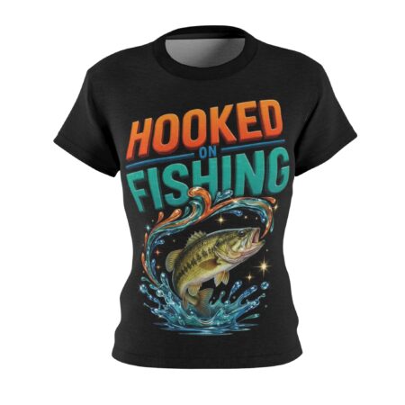 Black t-shirt with "Hooked on Fishing" text and a jumping bass fish graphic with water splashes.