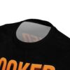 Orange 3D text and black distressed patterns cover this full print shirt with a fishing vibe.