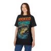 Orange and teal text and a bass fish leaping through blue water splashes cover this 3D graphic t-shirt with a dynamic fishing scene.