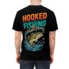 Orange and teal text, a jumping bass, and water splashes cover this seamless pattern tee, with starry accents.