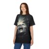 All over print sublimation tee featuring a screaming horror face with dark abstract elements, dark streetwear aesthetic.