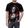 Black all over print sublimation tee, seamless wrap around graphic, cyber grunge clown queen figure, red braided hair, crown, ornate dress, dark background, decorative borders.