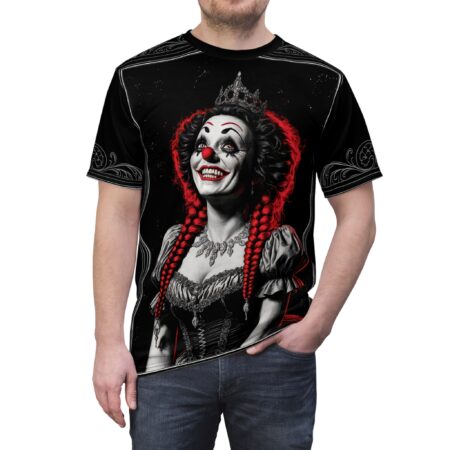Black all over print sublimation tee, seamless wrap around graphic, cyber grunge clown queen figure, red braided hair, crown, ornate dress, dark background, decorative borders.