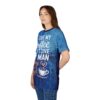 Blue and white brush strokes cover this graphic streetwear tee, with text and a coffee cup design.