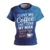 Blue abstract brushstroke textures cover this full print shirt, featuring bold white and pink coffee-themed text.