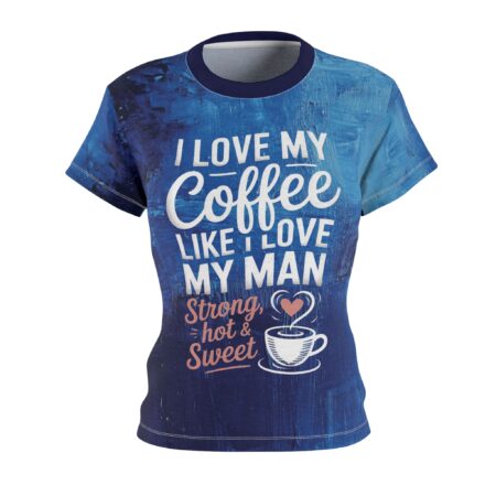 Blue abstract brushstroke textures cover this full print shirt, featuring bold white and pink coffee-themed text.