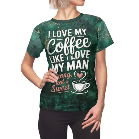 Green and gold marble textures cover this full print shirt, depicting white and pink text about strong coffee.