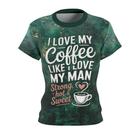 Dark green distressed textures cover this sublimation graphic tee, displaying coffee humor typography and a heart icon.