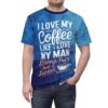 Blue and white textured brush strokes cover this oversized full print tee, featuring text that reads 