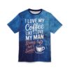 Blue textured brushstrokes cover this oversized full print tee, featuring white text that reads