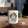 White ceramic coffee mug with a vibrant green handle and rim, featuring a cartoon sloth peeking out of a coffee cup with text.