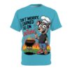 Bright blue sublimation graphic tee with a cartoon mouse in a chef hat holding a fork by a flaming grill.