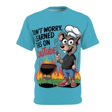 Bright blue sublimation graphic tee with a cartoon mouse in a chef hat holding a fork by a flaming grill.