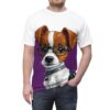 A white t-shirt with a graphic of a Jack Russell Terrier wearing black glasses and a collar against a purple background.