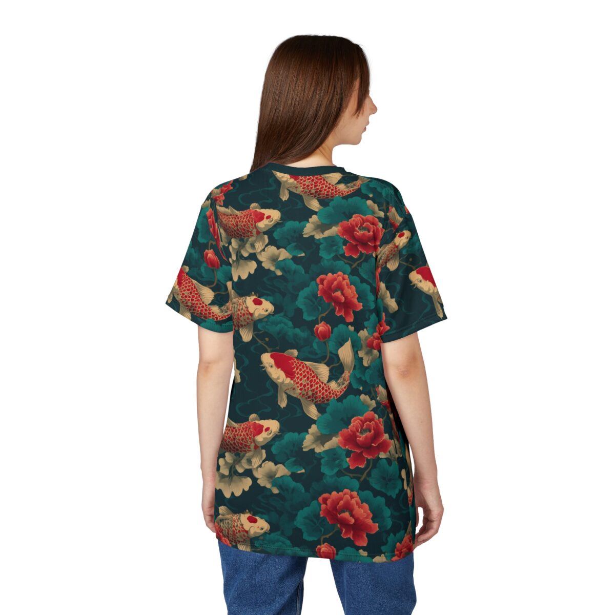 Japanese koi fish and peony flower all-over print sublimation tee with a vintage pattern teal and red design.