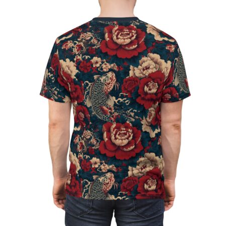 Red, cream, and dark blue peonies and koi fish patterns cover this 3D graphic t-shirt, with flowing water elements.