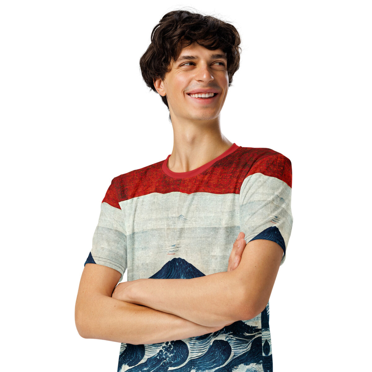 All over print sublimation tee with Japanese wave pattern, Mt Fuji, and red/white abstract design.