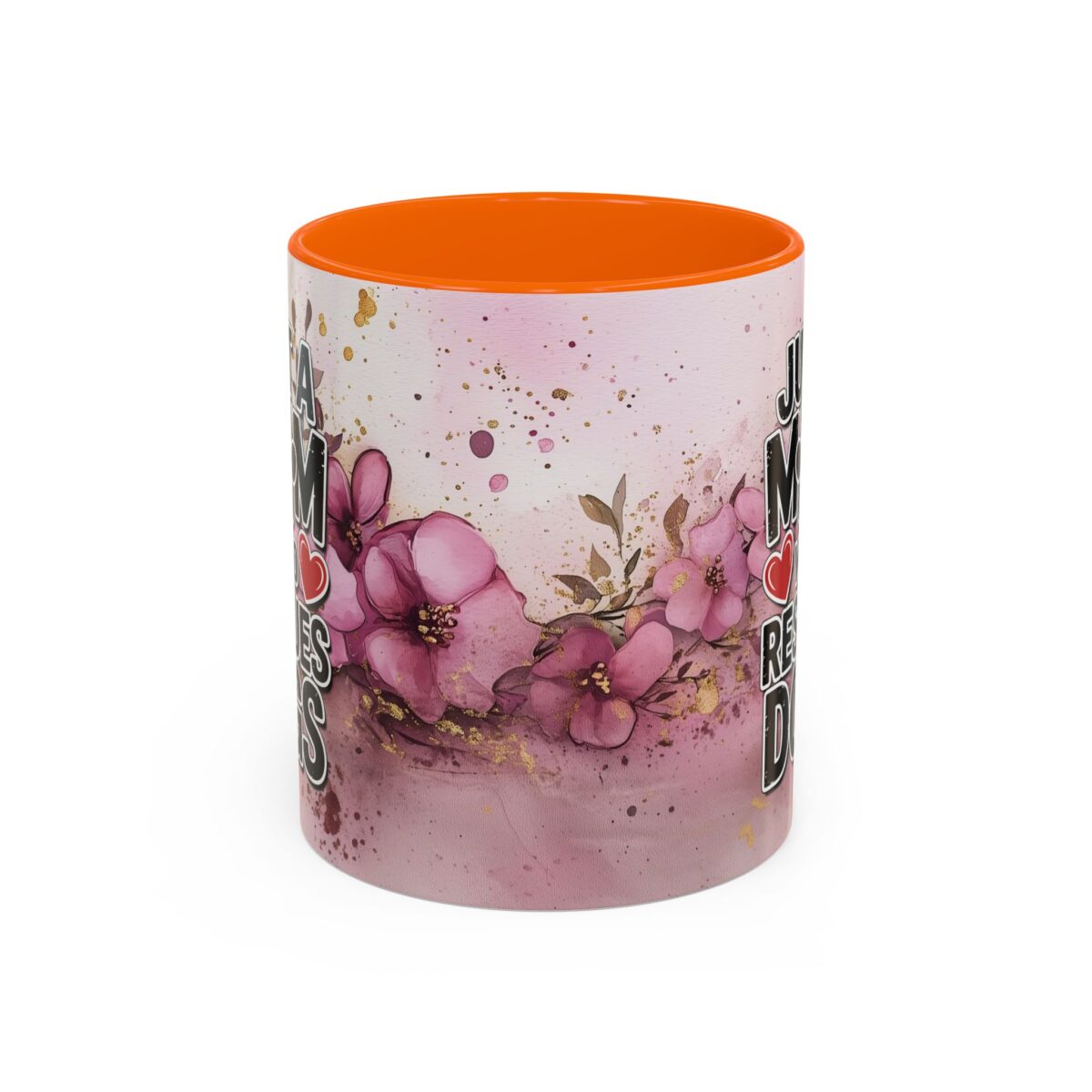 Ceramic coffee mug with "Just A Mom" text, watercolor floral design, and gold splatter accents.