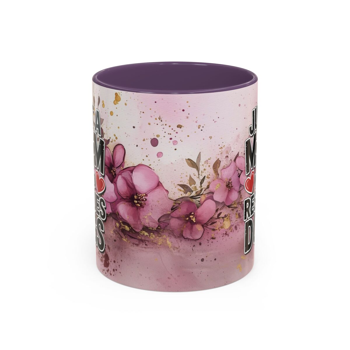 Ceramic coffee mug with a floral and watercolor design, featuring text 'Just a Mom Who Loves Dogs'.