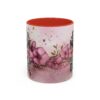 Red interior ceramic mug with watercolor floral design and text "Just a Mom Who Loves Dogs".