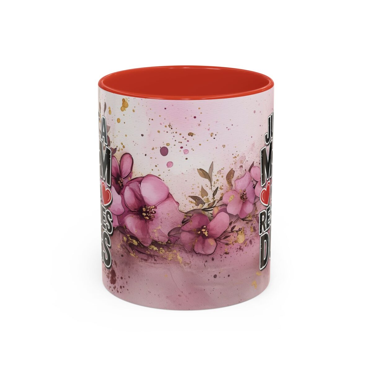 Red interior ceramic mug with watercolor floral design and text "Just a Mom Who Loves Dogs".