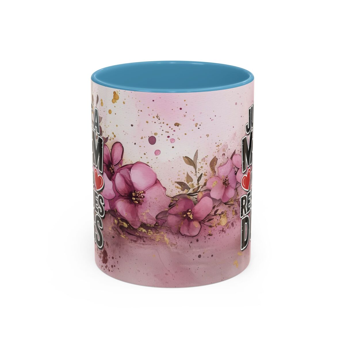 Ceramic mug with pink watercolor floral design and text 'Just A Mom Who Loves Red Delicious Apples'.