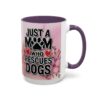 Ceramic mug with 'Just A Mom Who Rescues Dogs' text, paw print, and hearts. Features a pink floral watercolor background.