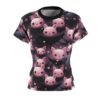Kawaii pink cat-like creatures and bats all over print sublimation tee with a dark spooky background and pink hearts.