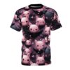 Pink and black bats with heart accents cover this patterned tee shirt, featuring a cute Halloween design.