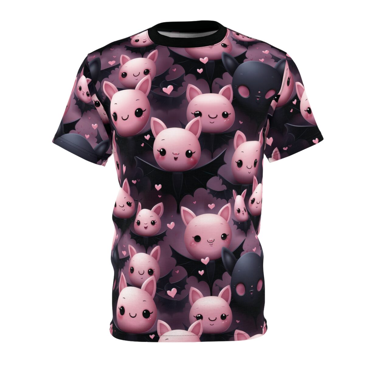 Pink and black bats with heart accents cover this patterned tee shirt, featuring a cute Halloween design.