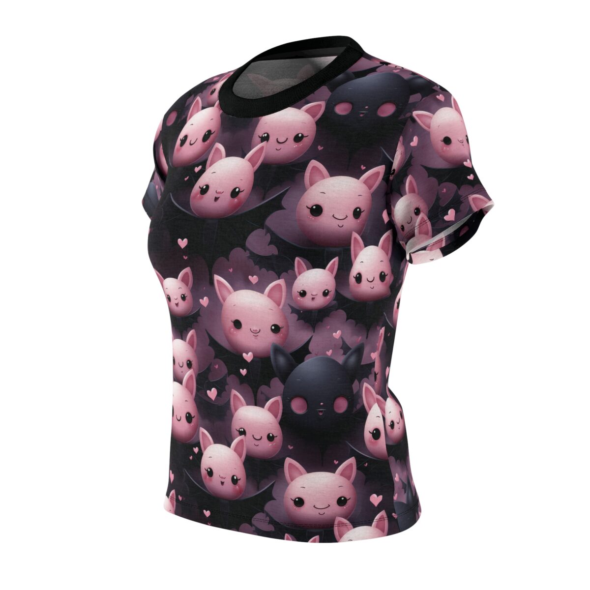 Kawaii Pastel Bat All Over Print T-Shirt for Women - Cute Halloween Graphic Tee with Hearts