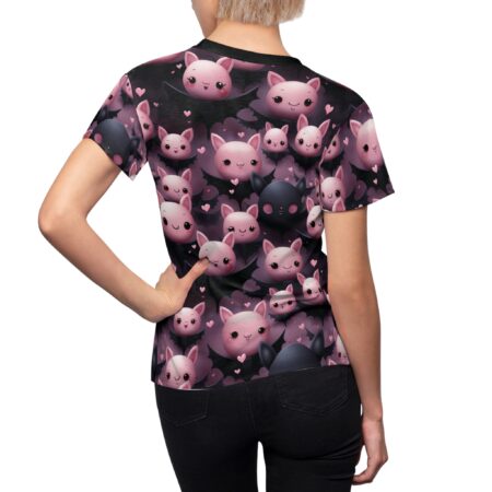 Kawaii Pastel Bat All Over Print T-Shirt for Women - Cute Halloween Graphic Tee with Hearts